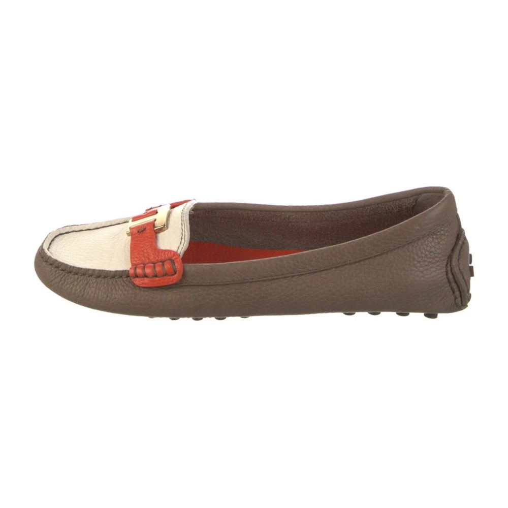 NEW! Tory Burch Orange, Tan& White Casey Driver Tumbled Leather Loafer Size 10.5